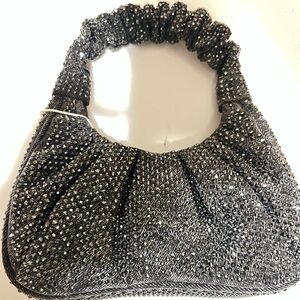 JW PEI Black Glam Gabi Rhinestone Black Ruched Textured Hobo Shoulder Bag::NWT::